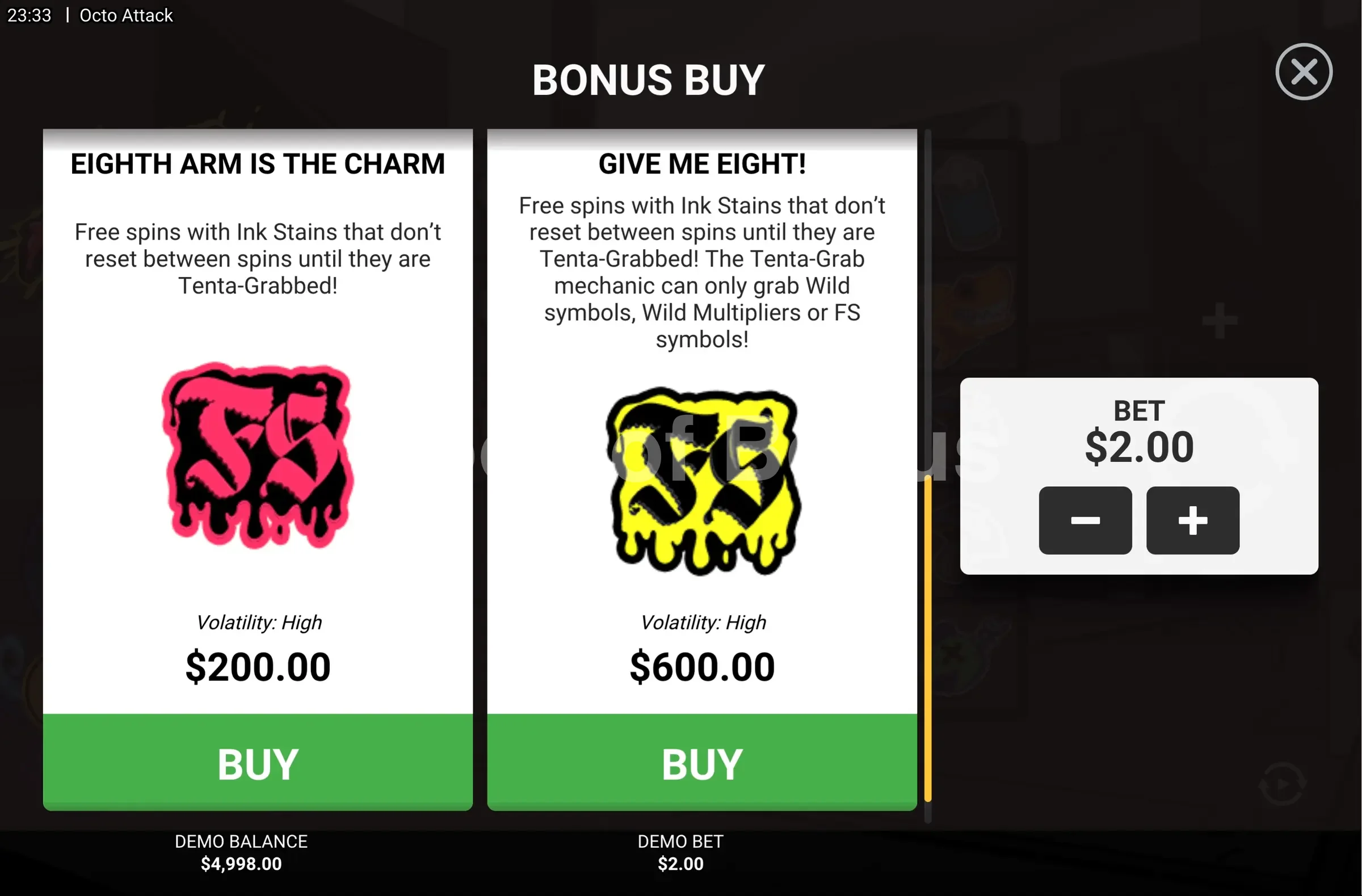 Octo Attack par Hacksaw Gaming - menu d'achat de bonus et options