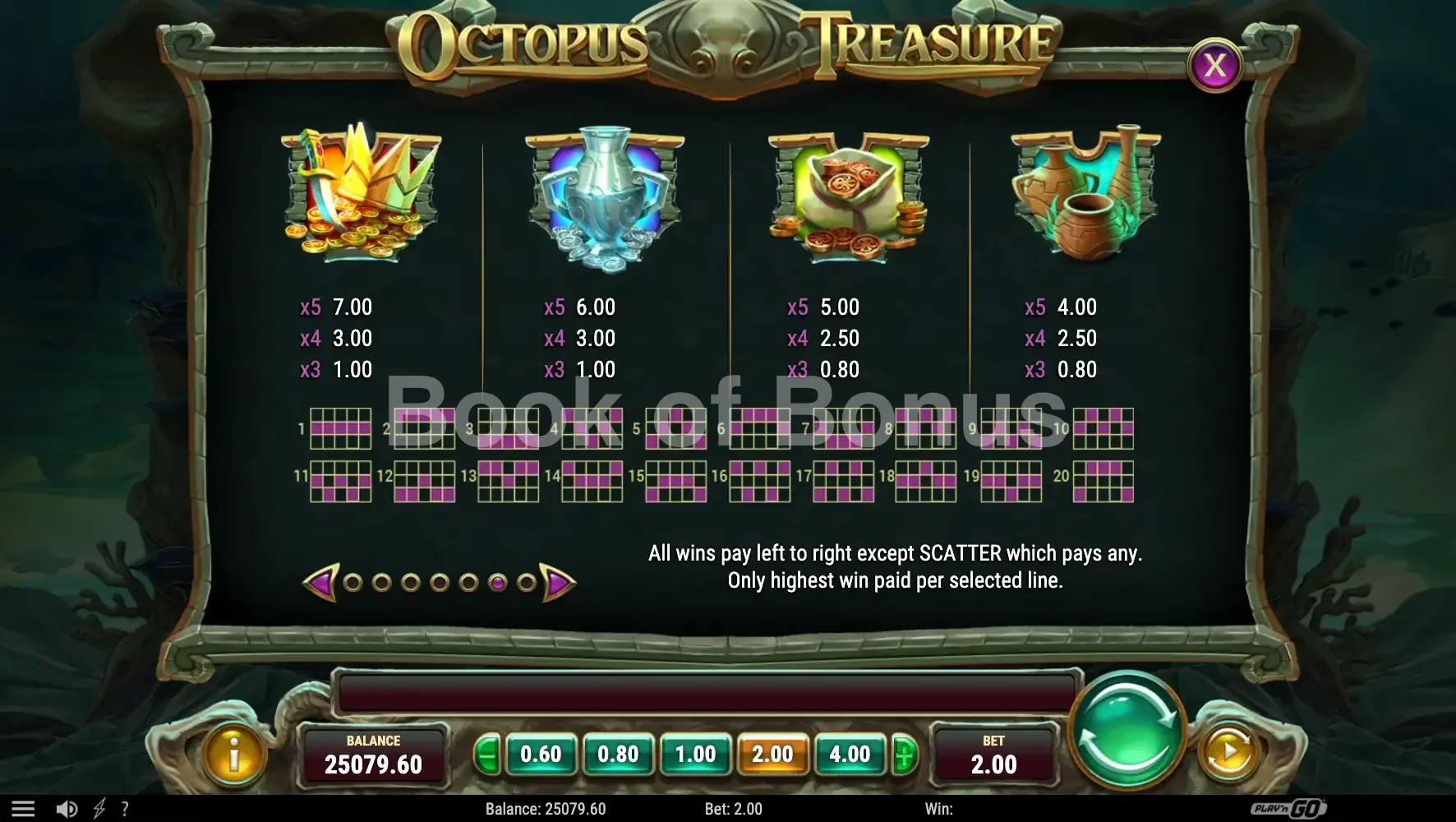 Octopus Treasure par Play'n GO - table des gains et valeurs des symboles
