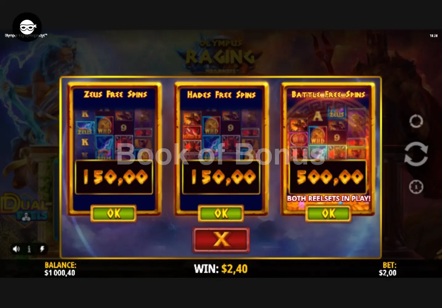 Olympus Raging Megaways par iSoftBet - menu d'achat de bonus et options