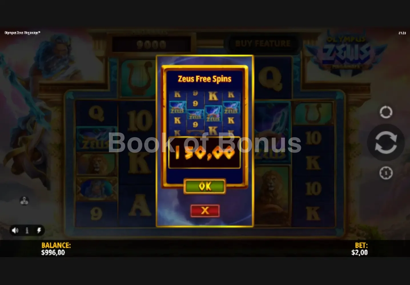 Olympus Zeus Megaways par iSoftBet - menu d'achat de bonus et options