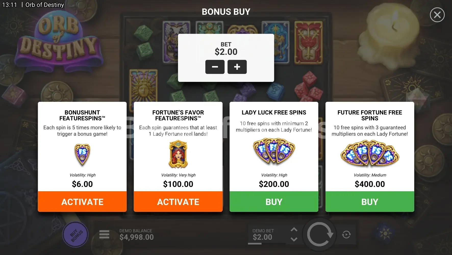 Orb of Destiny par Hacksaw Gaming - menu d'achat de bonus et options