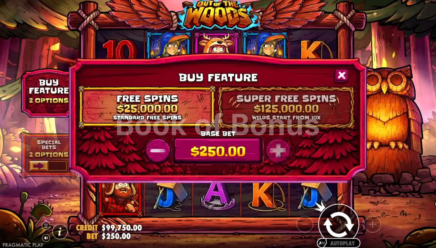 Out of the Woods par Pragmatic Play - menu d'achat de bonus et options