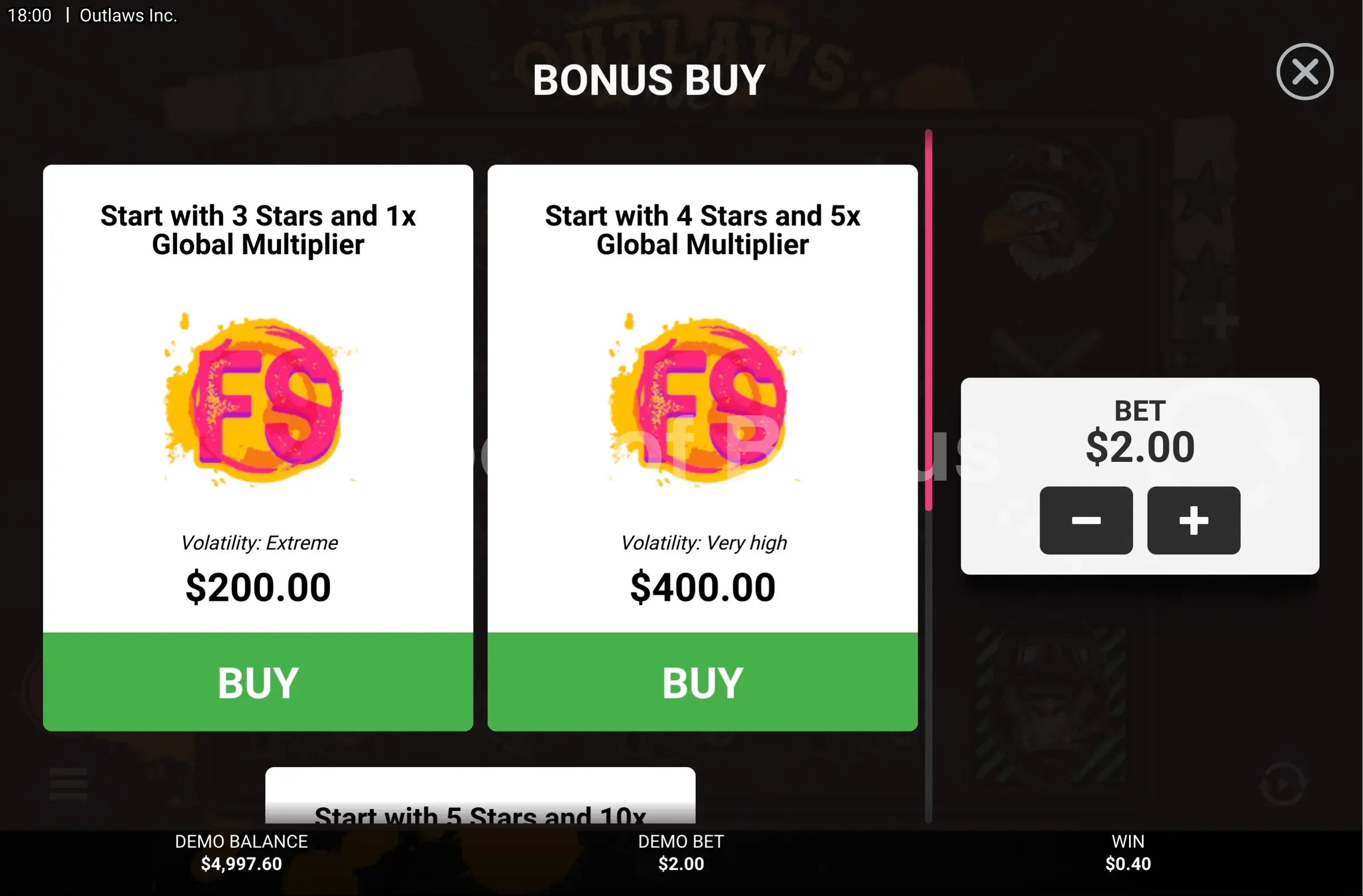 Outlaws Inc par Hacksaw Gaming - menu d'achat de bonus et options