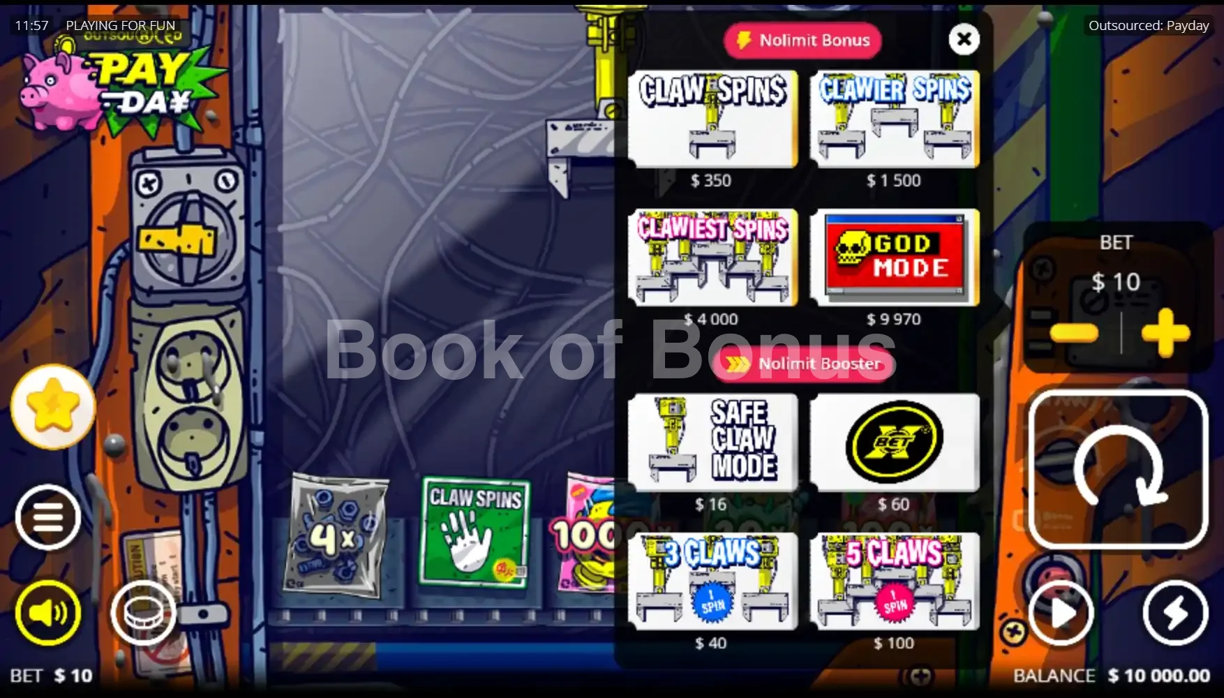 Outsourced Payday par Nolimit City - menu d'achat de bonus et options