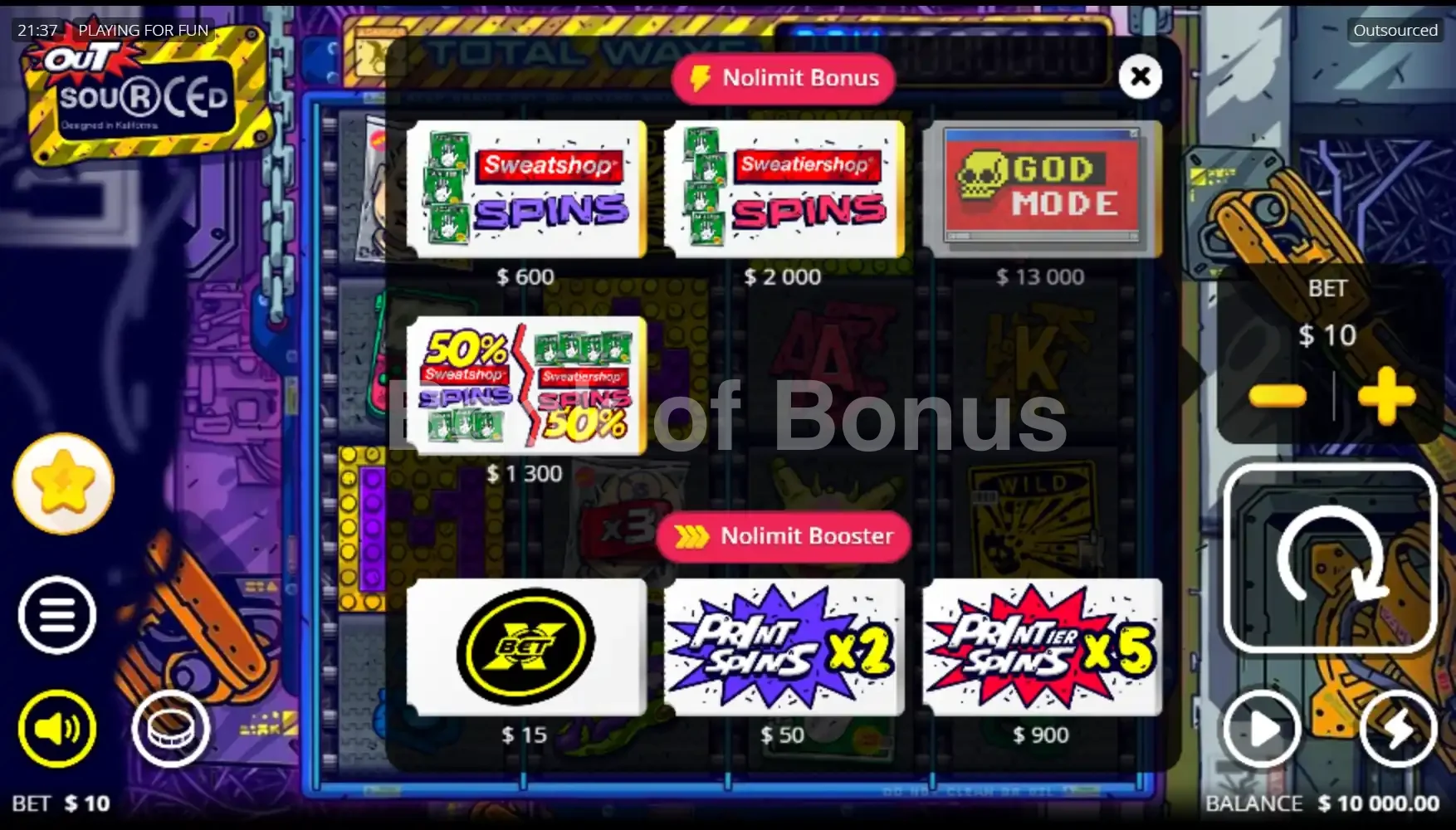 Outsourced par Nolimit City - menu d'achat de bonus et options