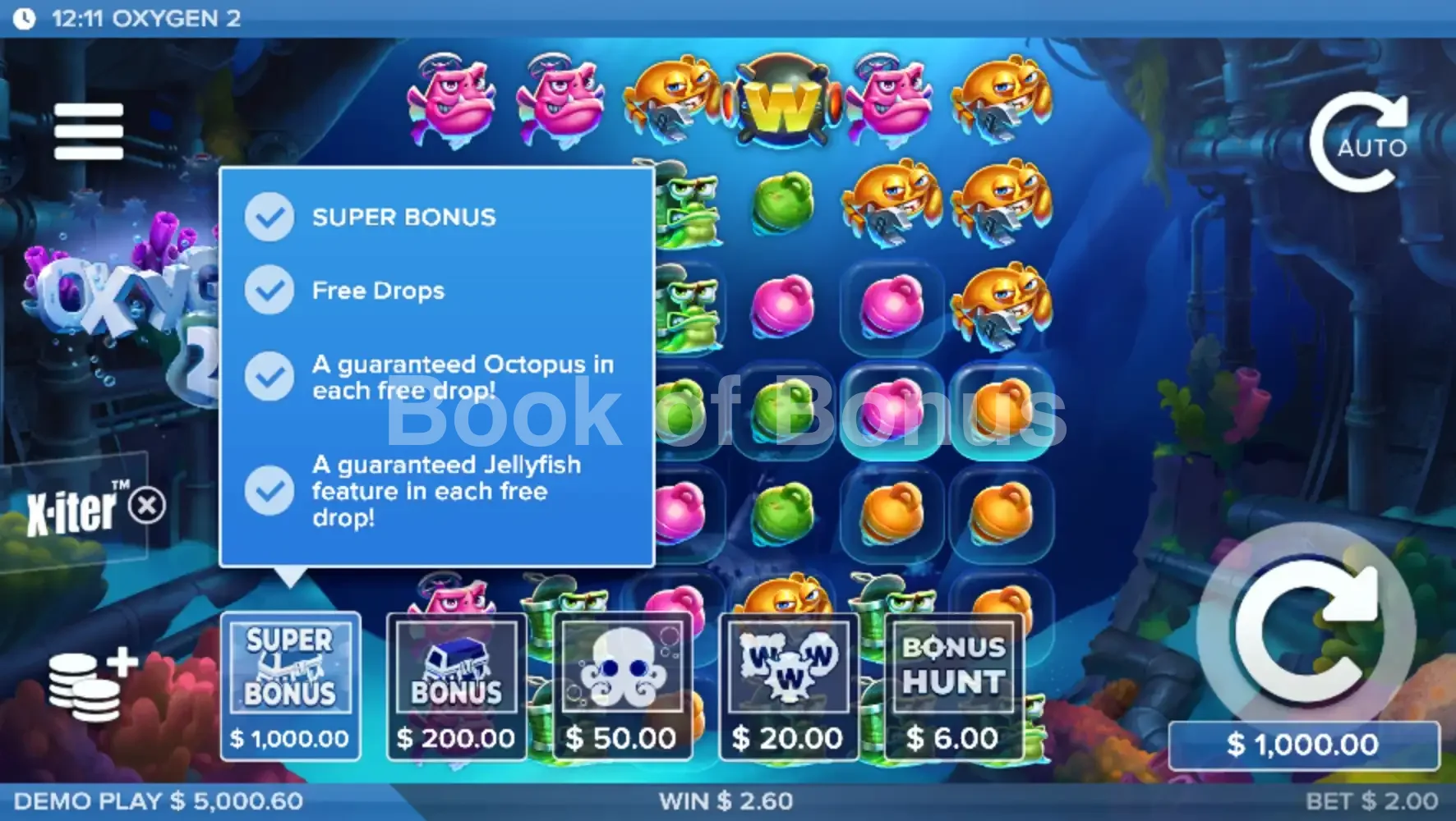Oxygen 2 par ELK Studios - menu d'achat de bonus et options