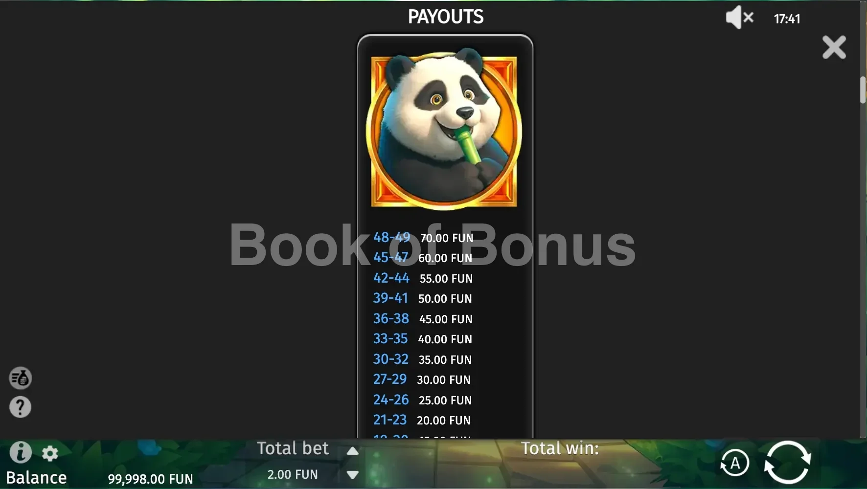 Table des paiements Panda Fortune Rush