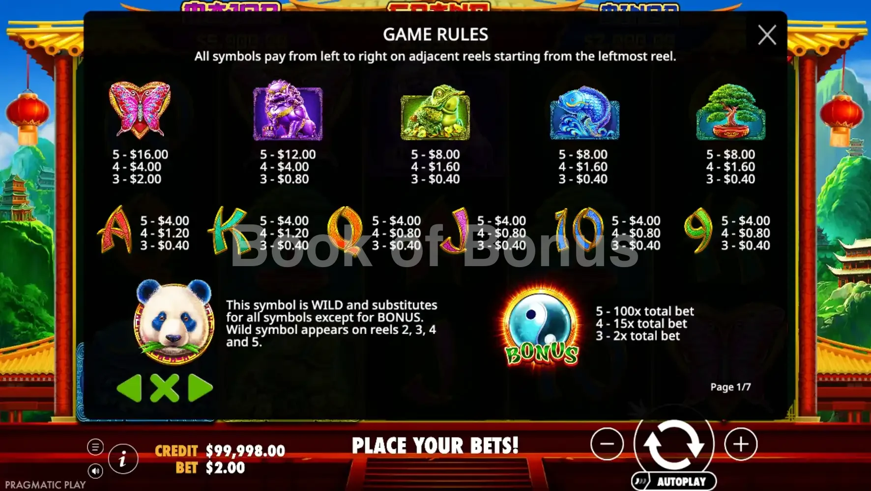 Panda's Fortune 2 par Pragmatic Play - table des gains et valeurs des symboles