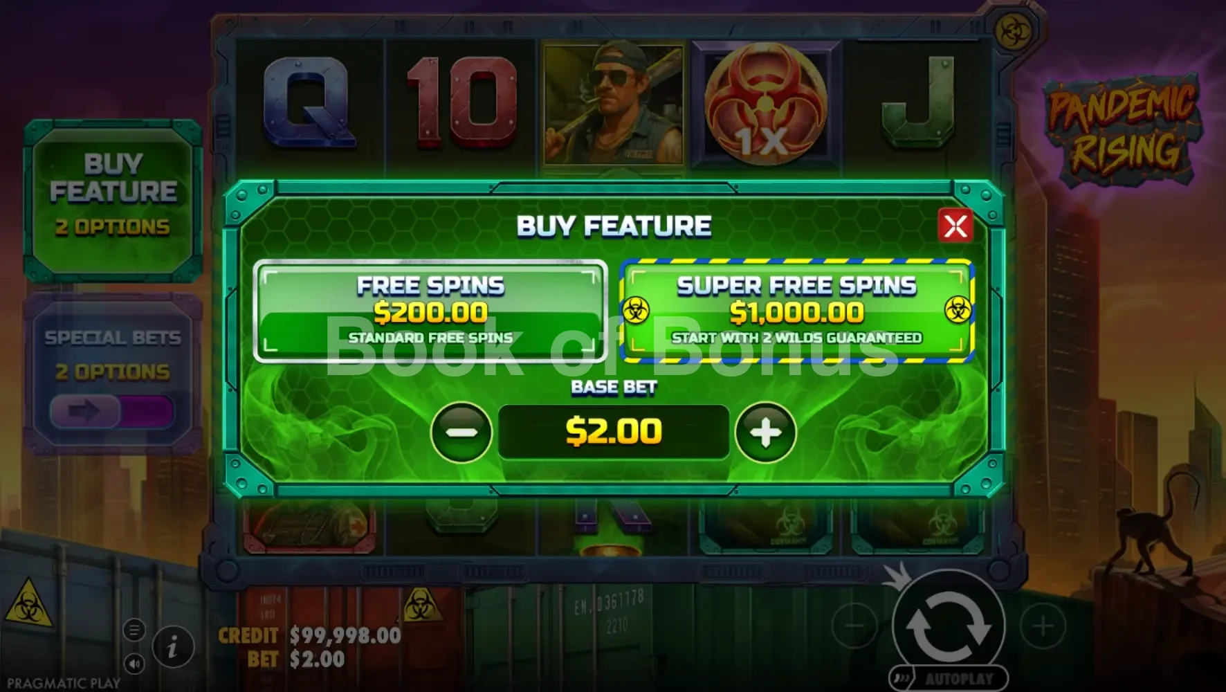Pandemic Rising par Pragmatic Play - menu d'achat de bonus et options