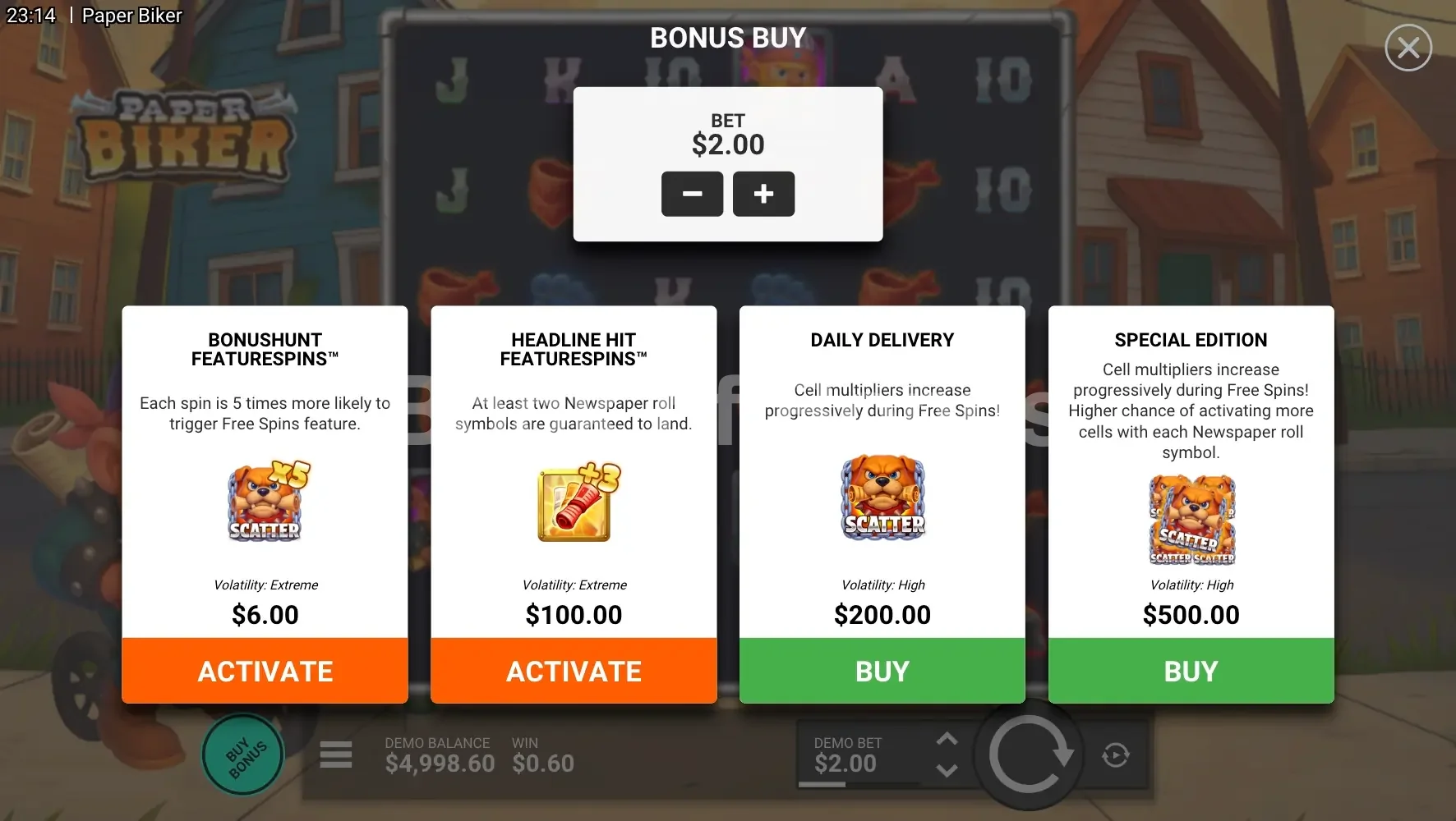 Paper Biker par Hacksaw Gaming - menu d'achat de bonus et options