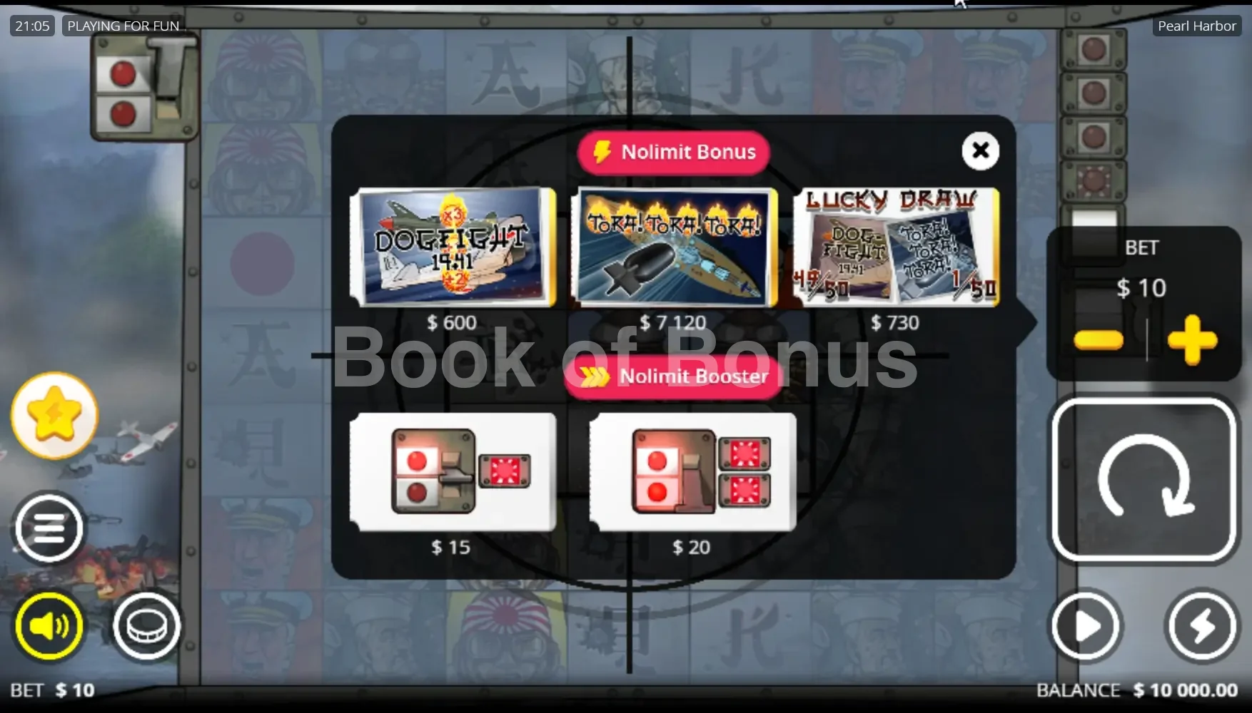Pearl Harbor par Nolimit City - menu d'achat de bonus et options