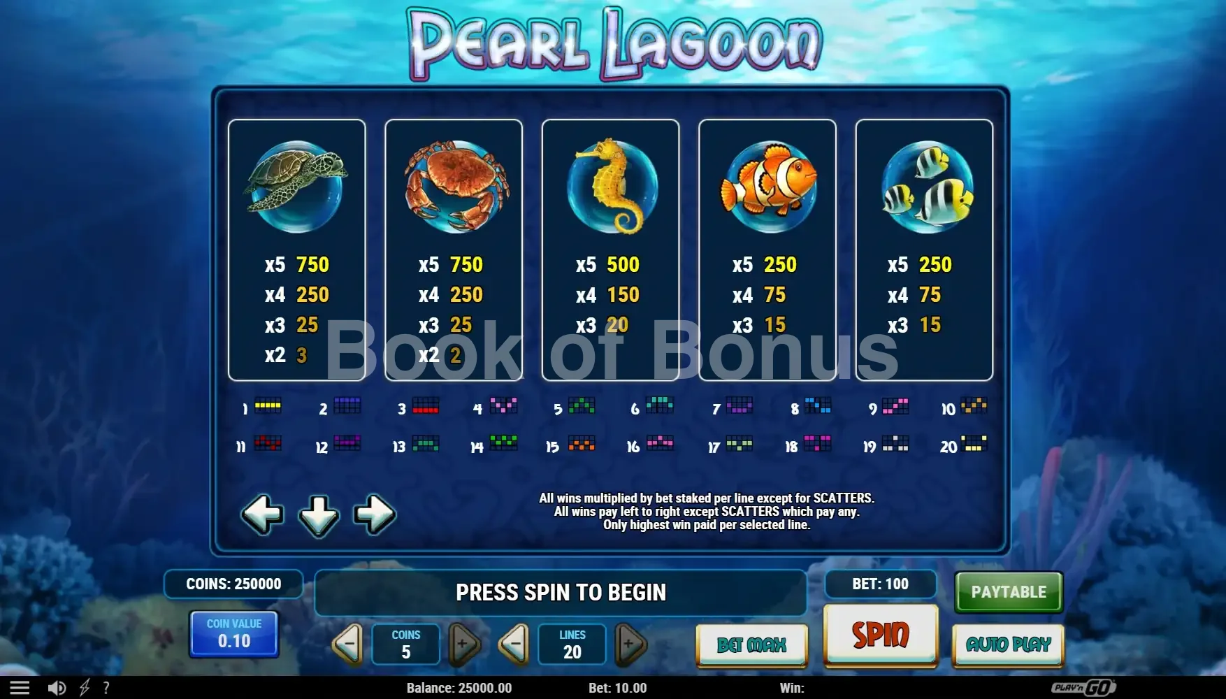 Pearl Lagoon par Play'n GO - table des gains et valeurs des symboles