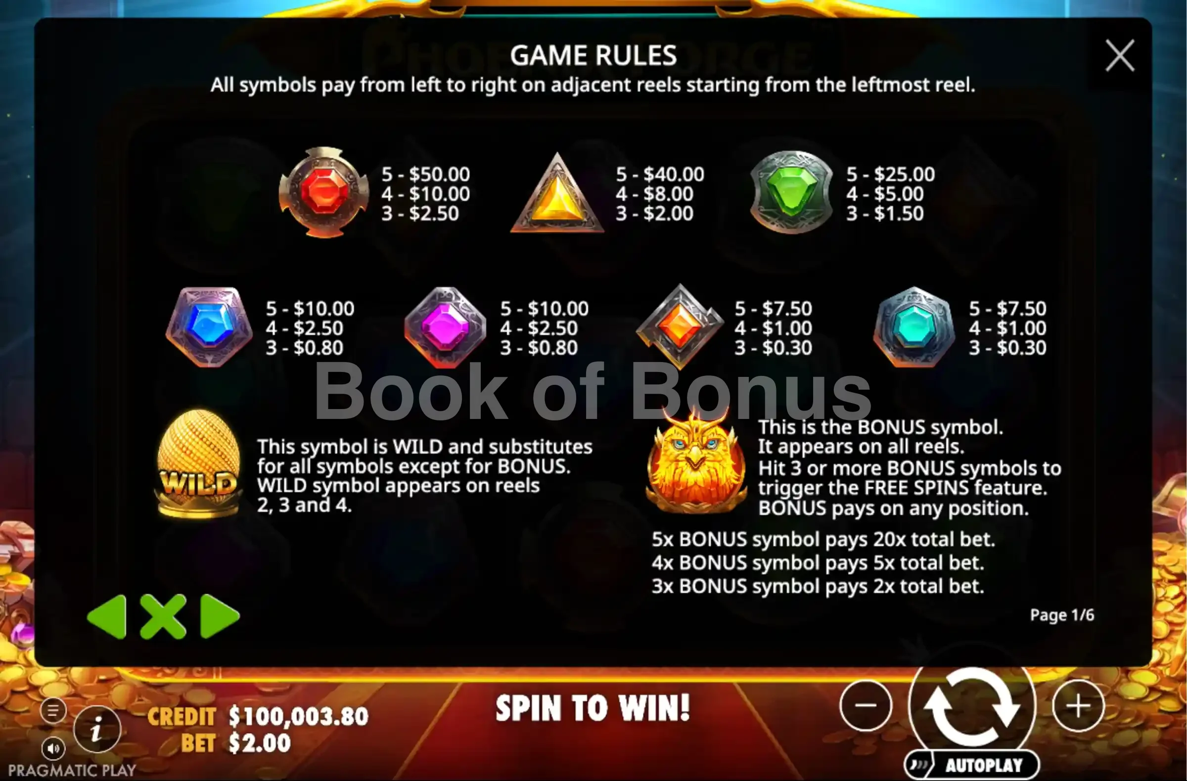 Phoenix Forge par Pragmatic Play - table des gains et valeurs des symboles