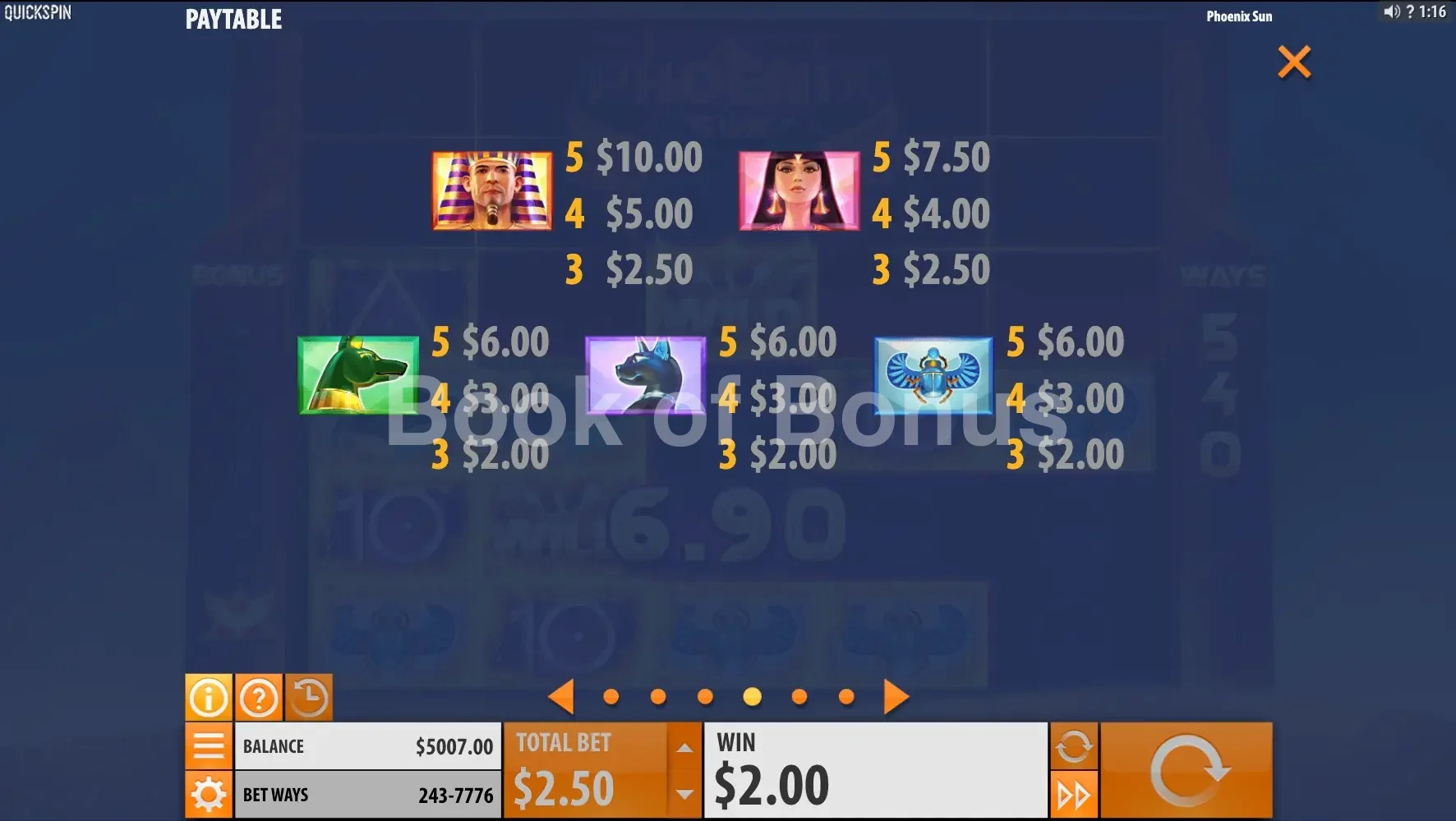 Phoenix Sun par Quickspin - table des gains et valeurs des symboles