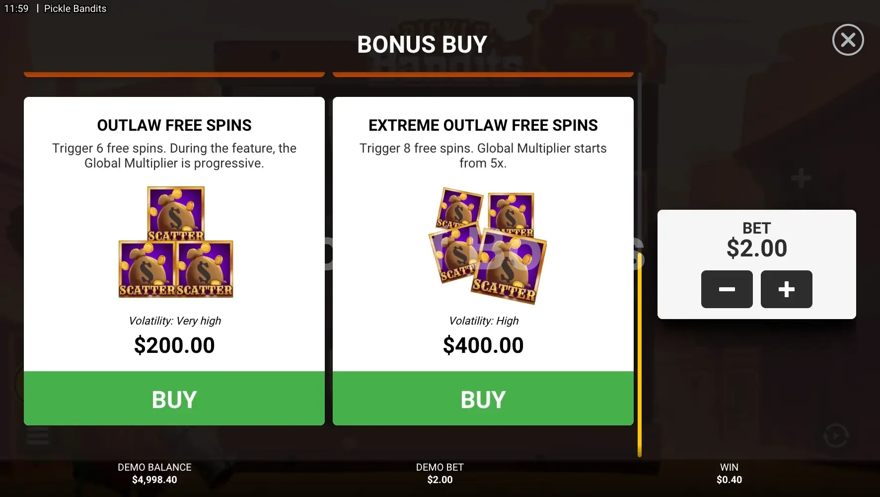 Pickle Bandits par Hacksaw Gaming - menu d'achat de bonus et options