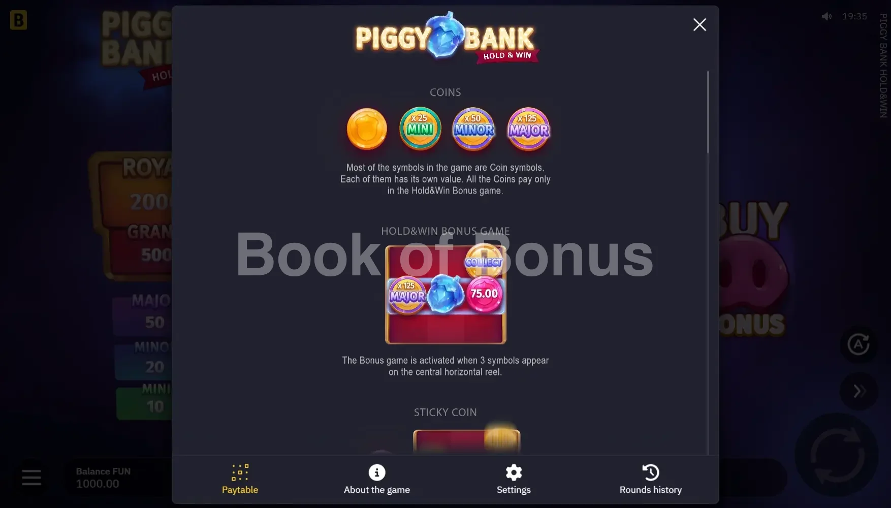 Table des gains Piggy Bank Hold & Win