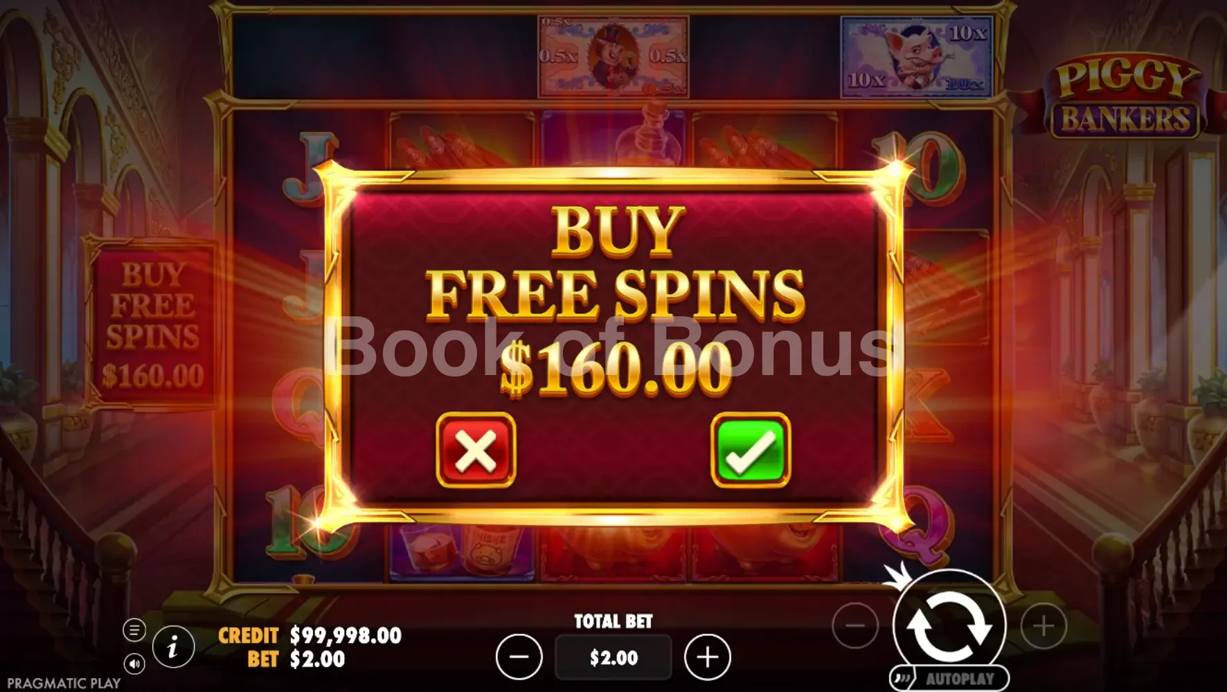 Piggy Bankers par Pragmatic Play - menu d'achat de bonus et options