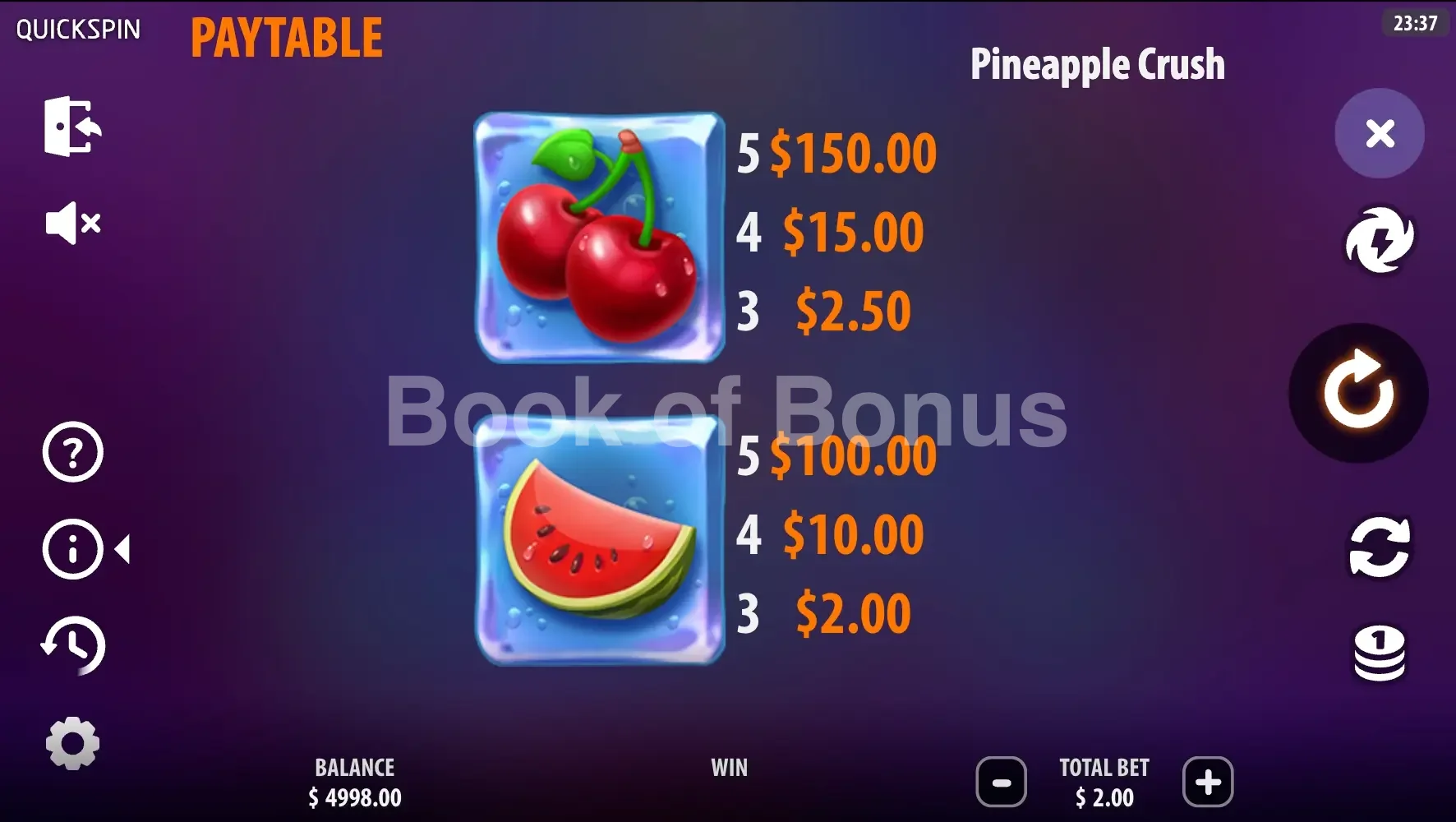 Pineapple Crush par Quickspin - table des gains et valeurs des symboles