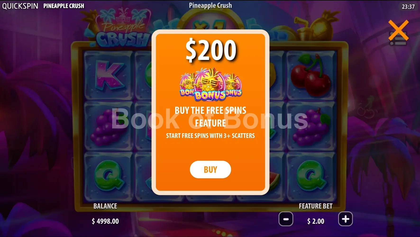 Pineapple Crush par Quickspin - menu d'achat de bonus et options