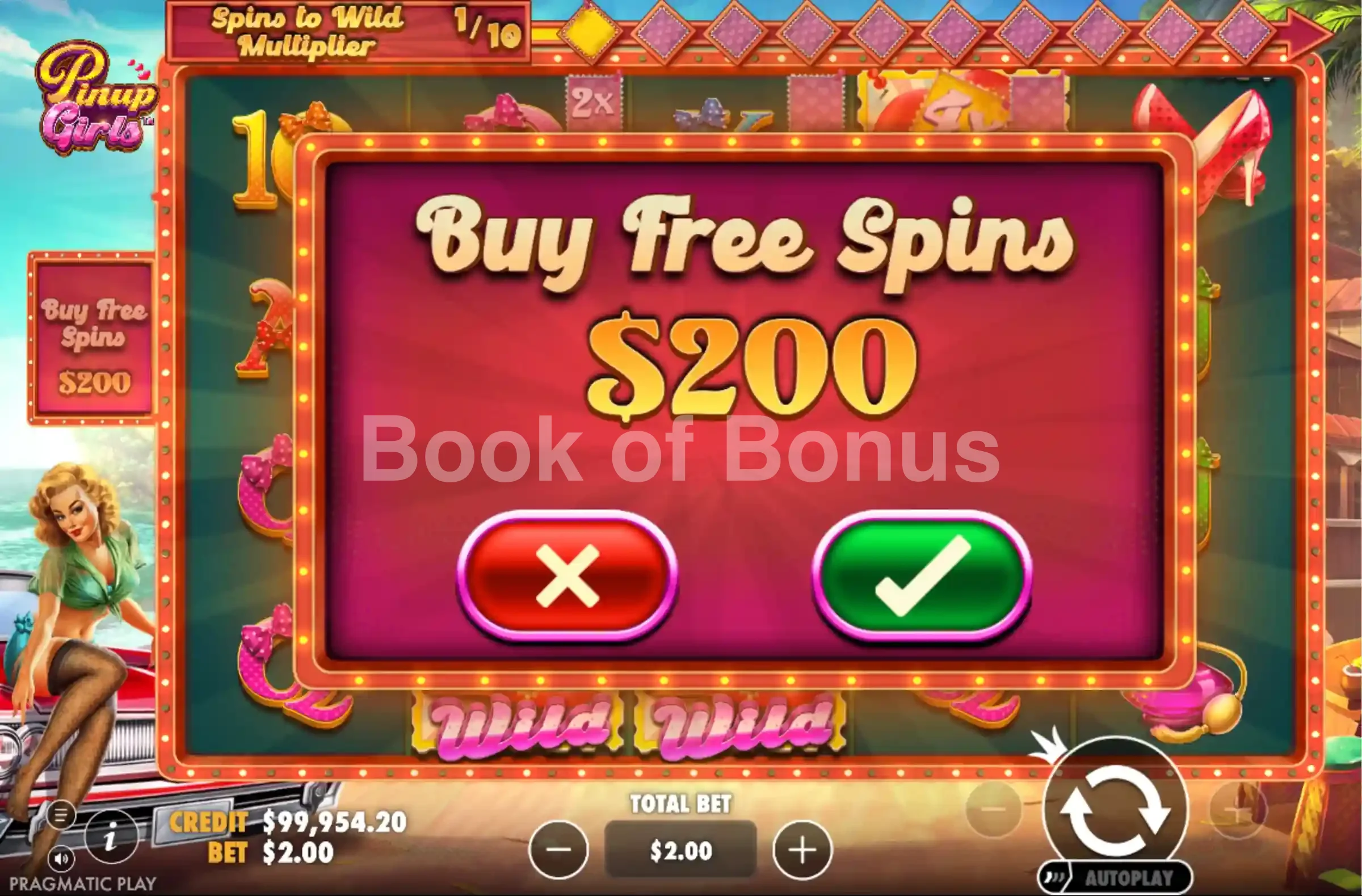 Pinup Girls par Pragmatic Play - menu d'achat de bonus et options