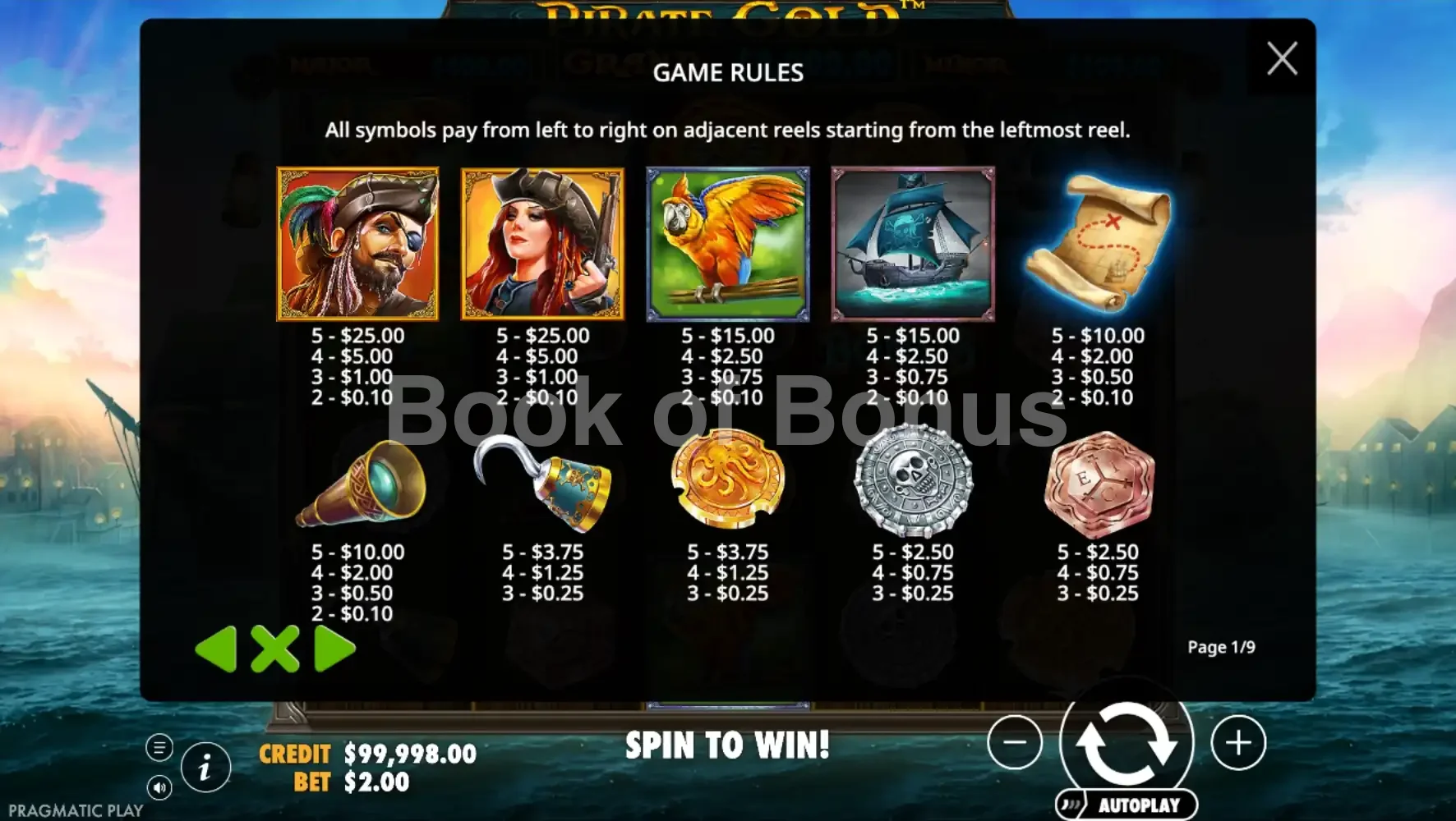 Pirate Gold par Pragmatic Play - table des gains et valeurs des symboles