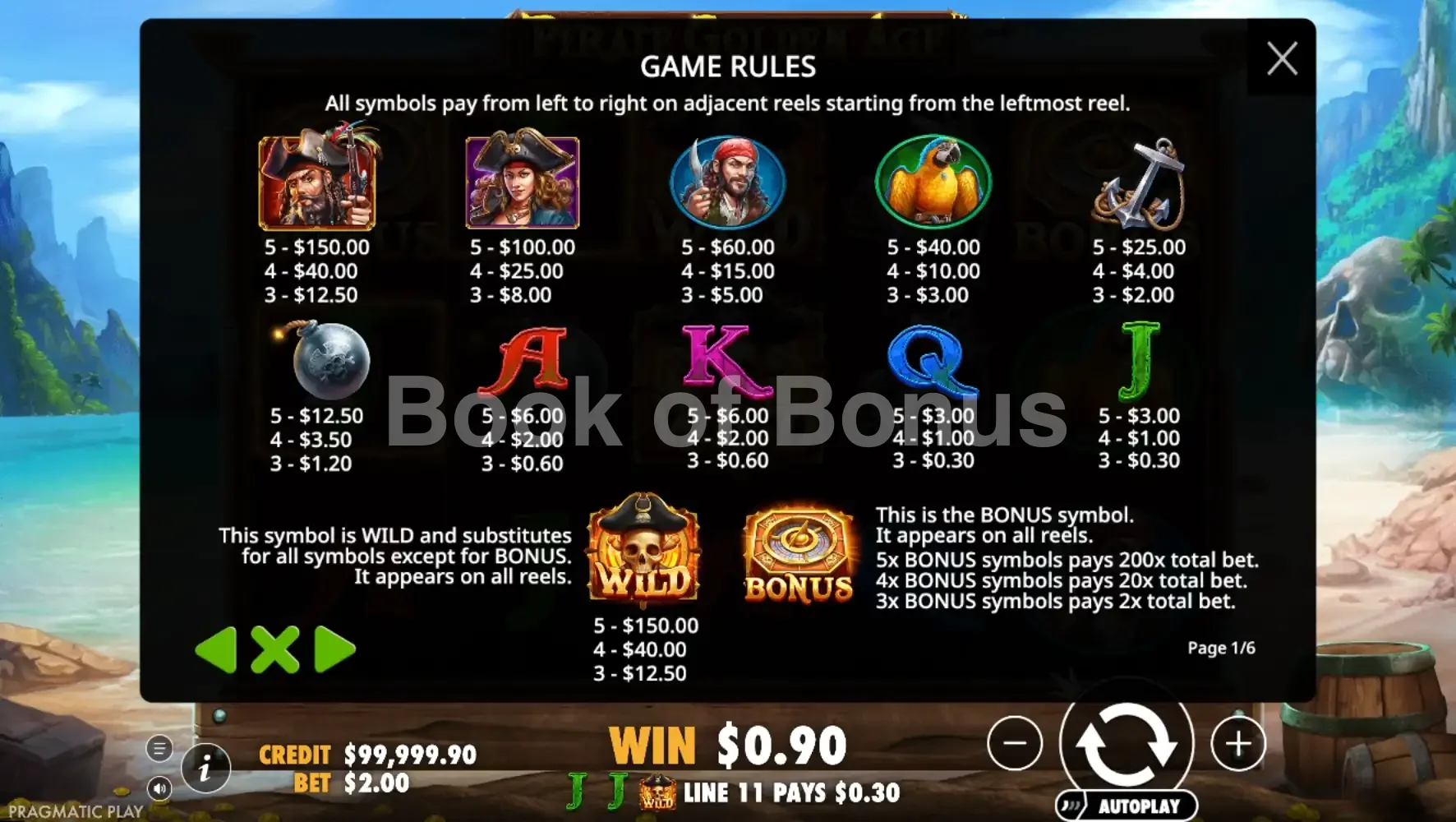 Pirate Golden Age par Pragmatic Play - table des gains et valeurs des symboles