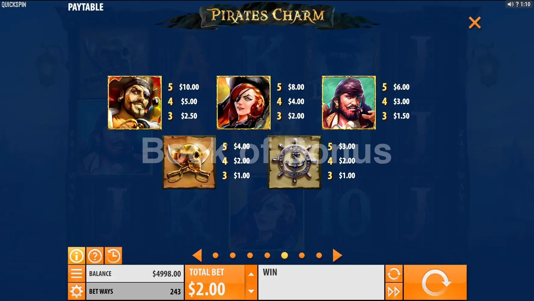 Pirate's Charm par Quickspin - table des gains et valeurs des symboles