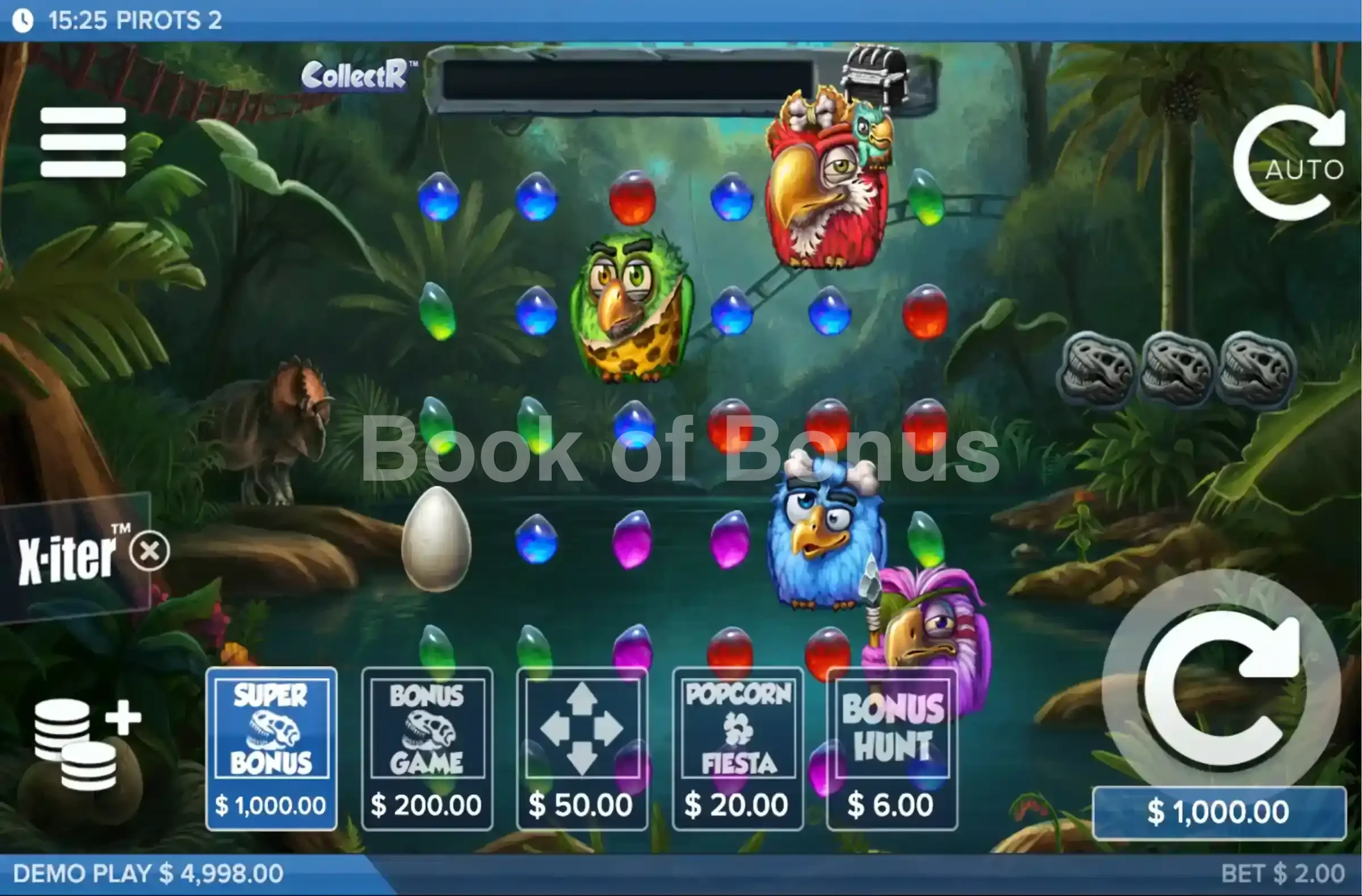 Pirots 2 par ELK Studios - menu d'achat de bonus et options