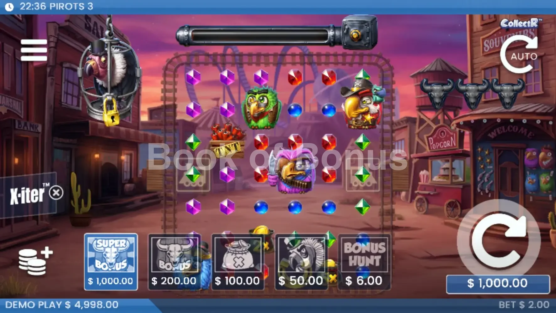 Pirots 3 par ELK Studios - menu d'achat de bonus et options