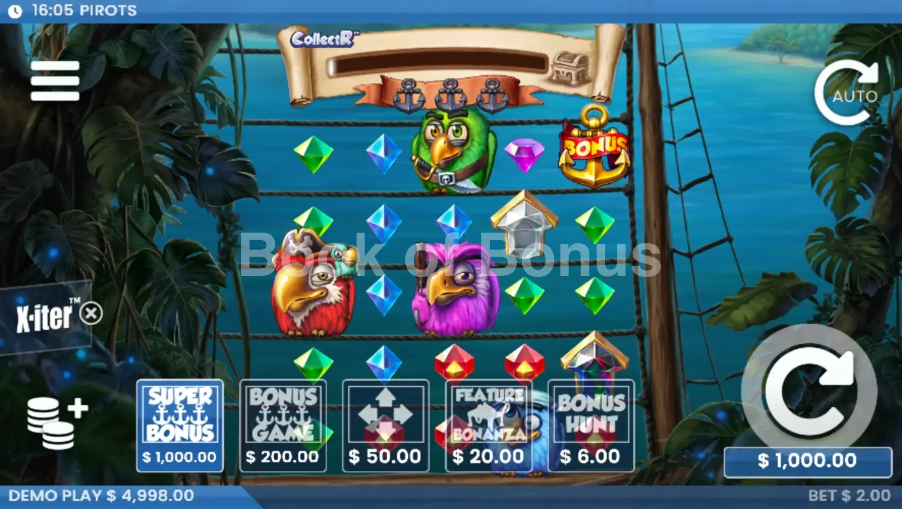 Pirots par ELK Studios - menu d'achat de bonus et options