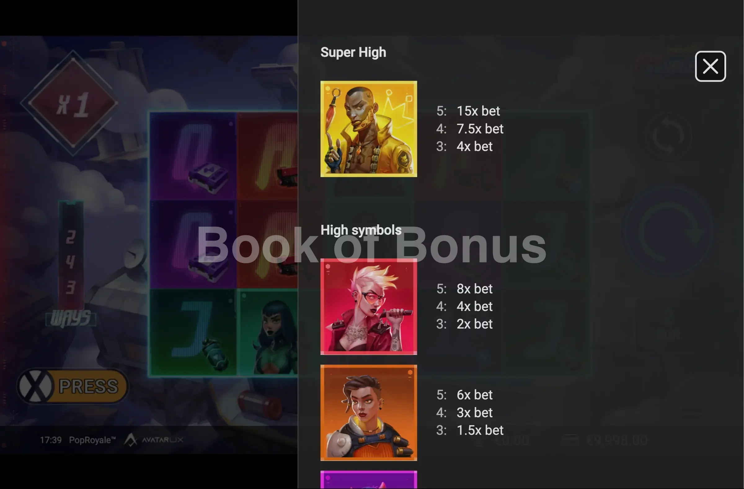 POP Royale par Avatar UX - table des gains et valeurs des symboles