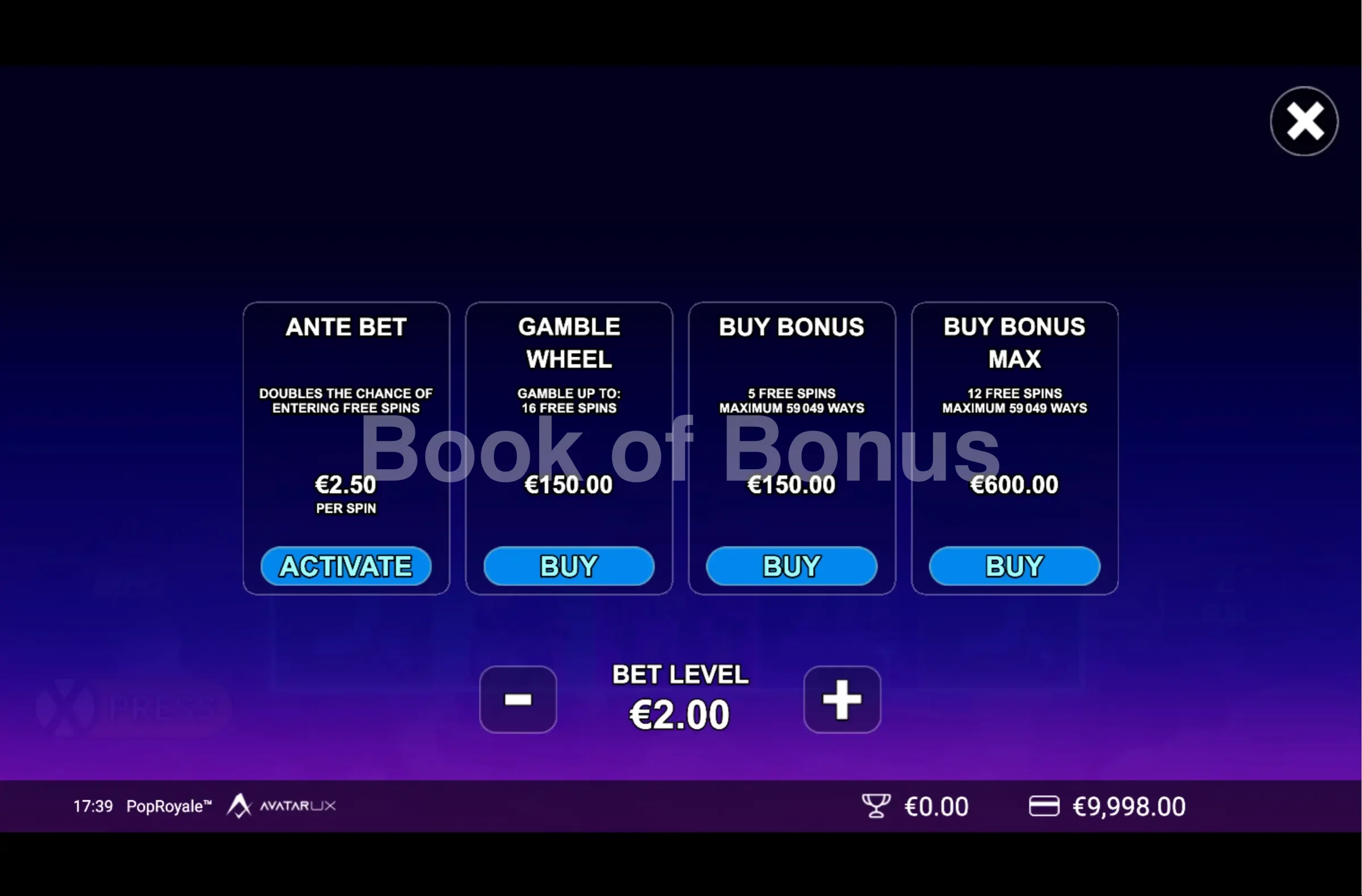 POP Royale par Avatar UX - menu d'achat de bonus et options