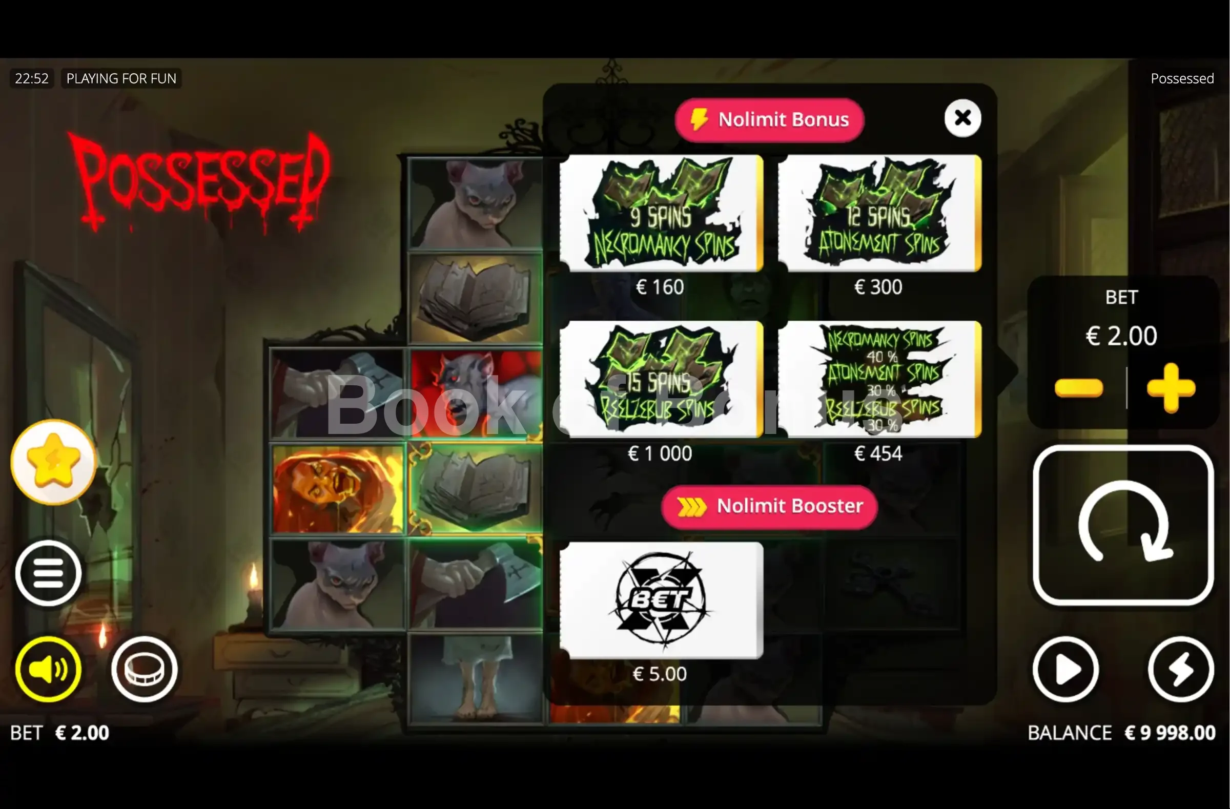Possessed par Nolimit City - menu d'achat de bonus et options