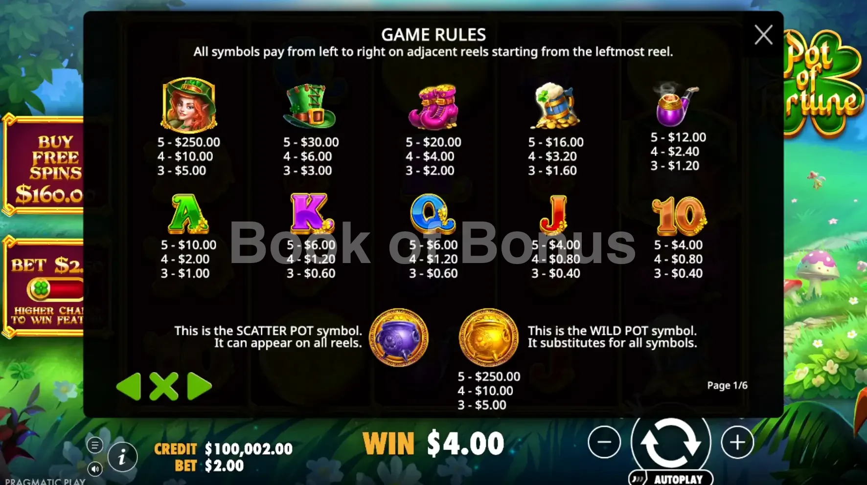 Tableau des gains Pot of Fortune
