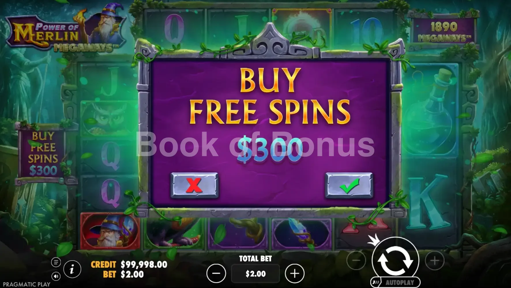 Power of Merlin Megaways par Pragmatic Play - menu d'achat de bonus et options