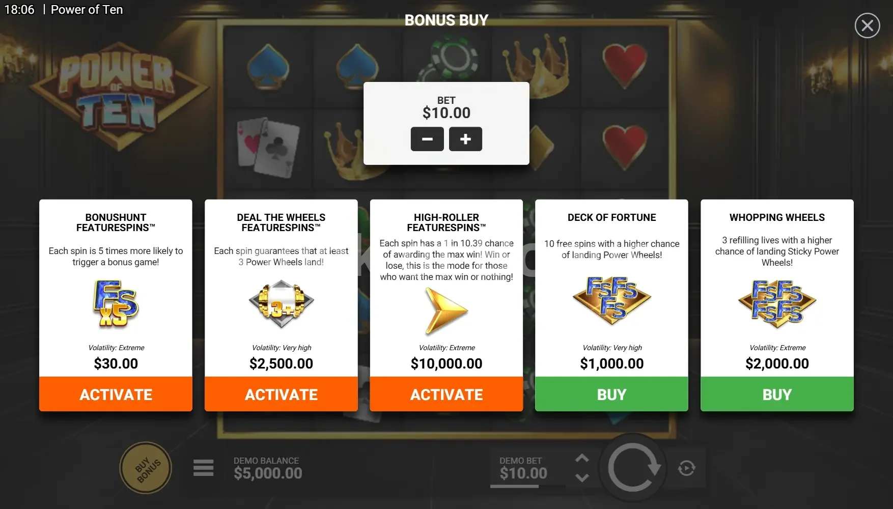 Power of Ten par Hacksaw Gaming - menu d'achat de bonus et options