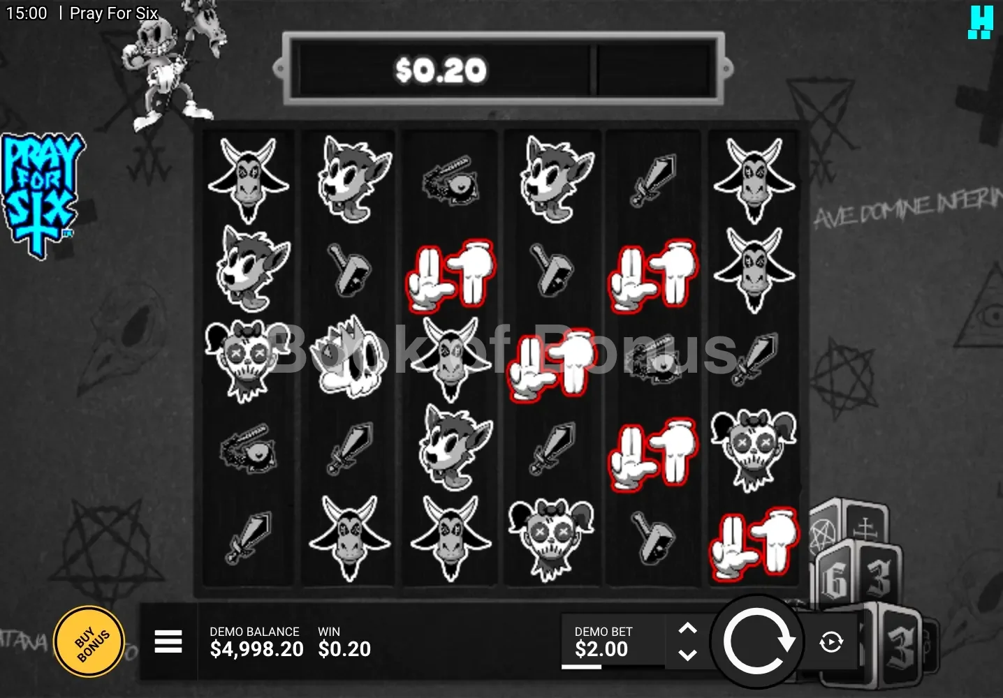 Pray for Six par Hacksaw Gaming - jeu de base et disposition des rouleaux