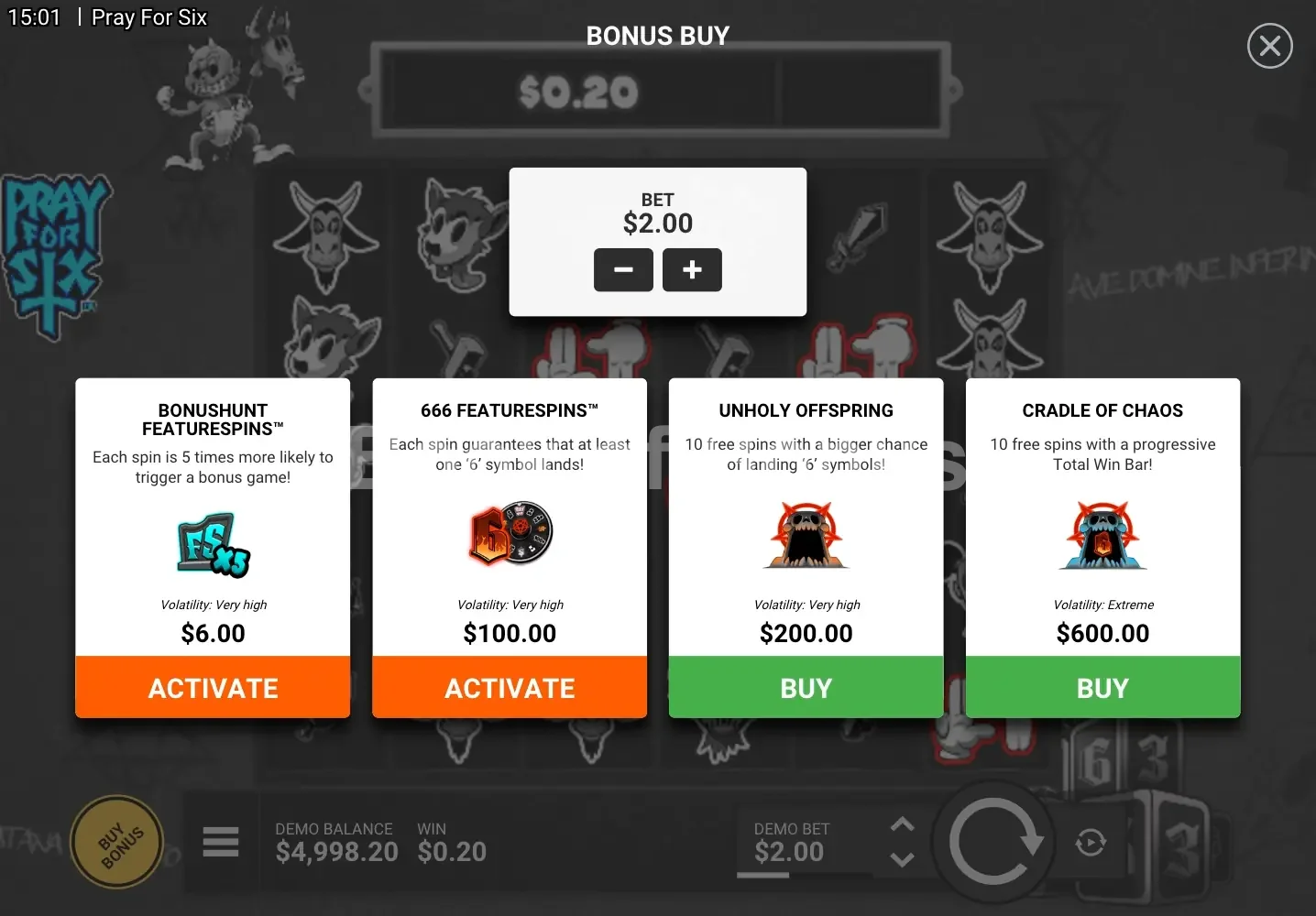 Pray for Six par Hacksaw Gaming - menu d'achat de bonus et options