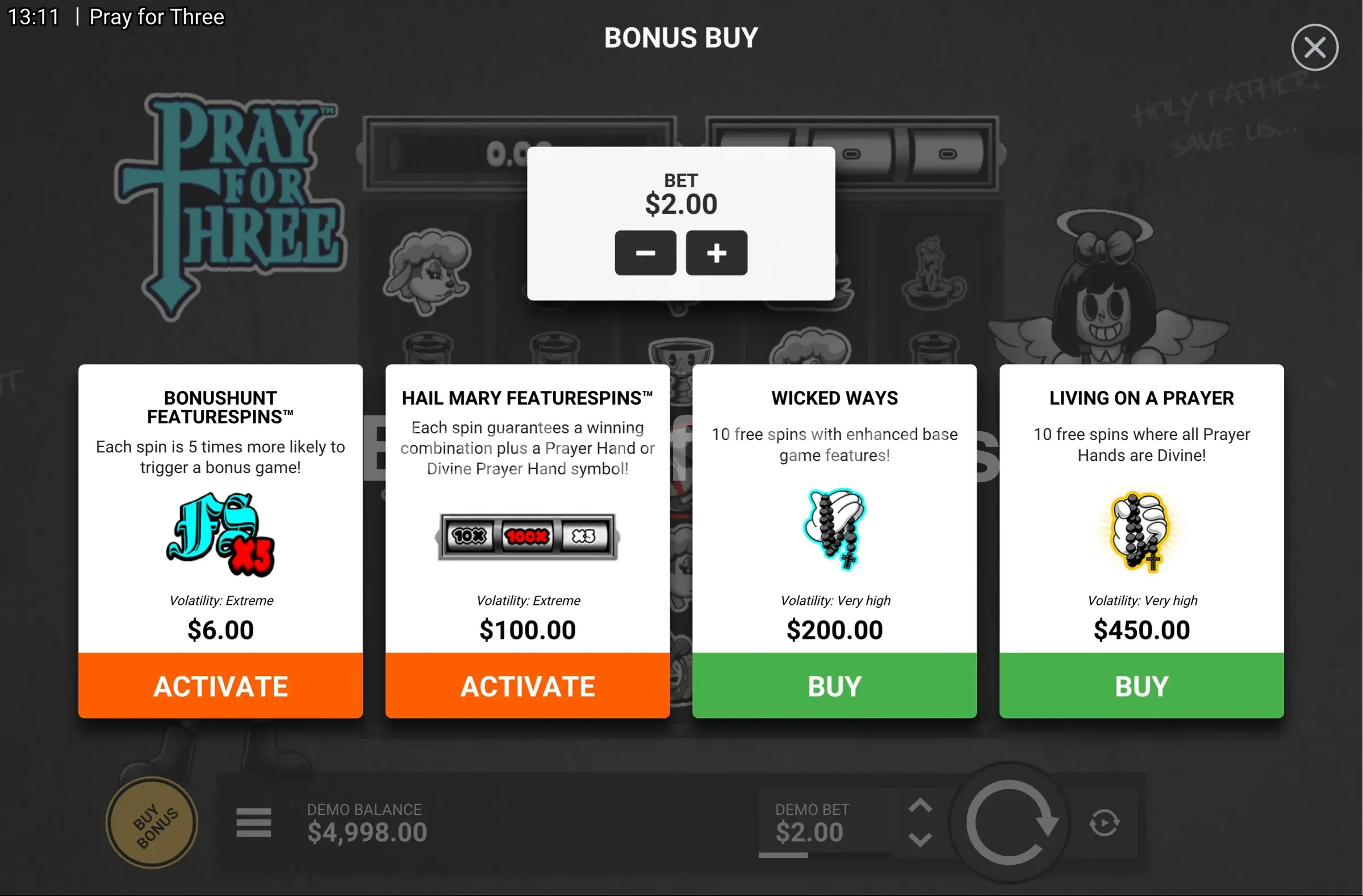 Pray For Three par Hacksaw Gaming - menu d'achat de bonus et options