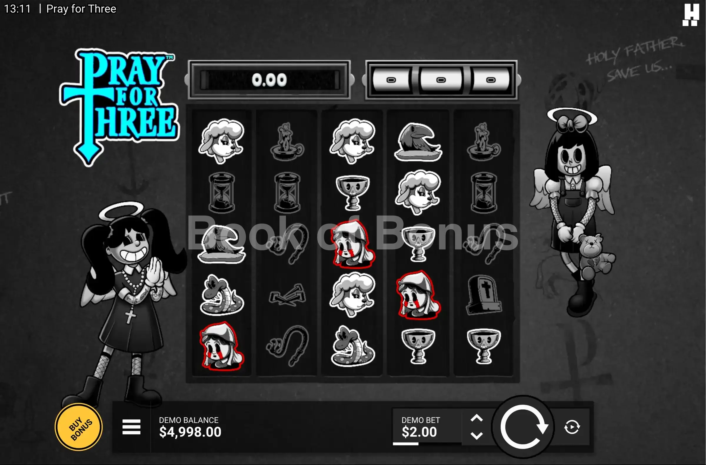 Pray For Three par Hacksaw Gaming - jeu de base et disposition des rouleaux