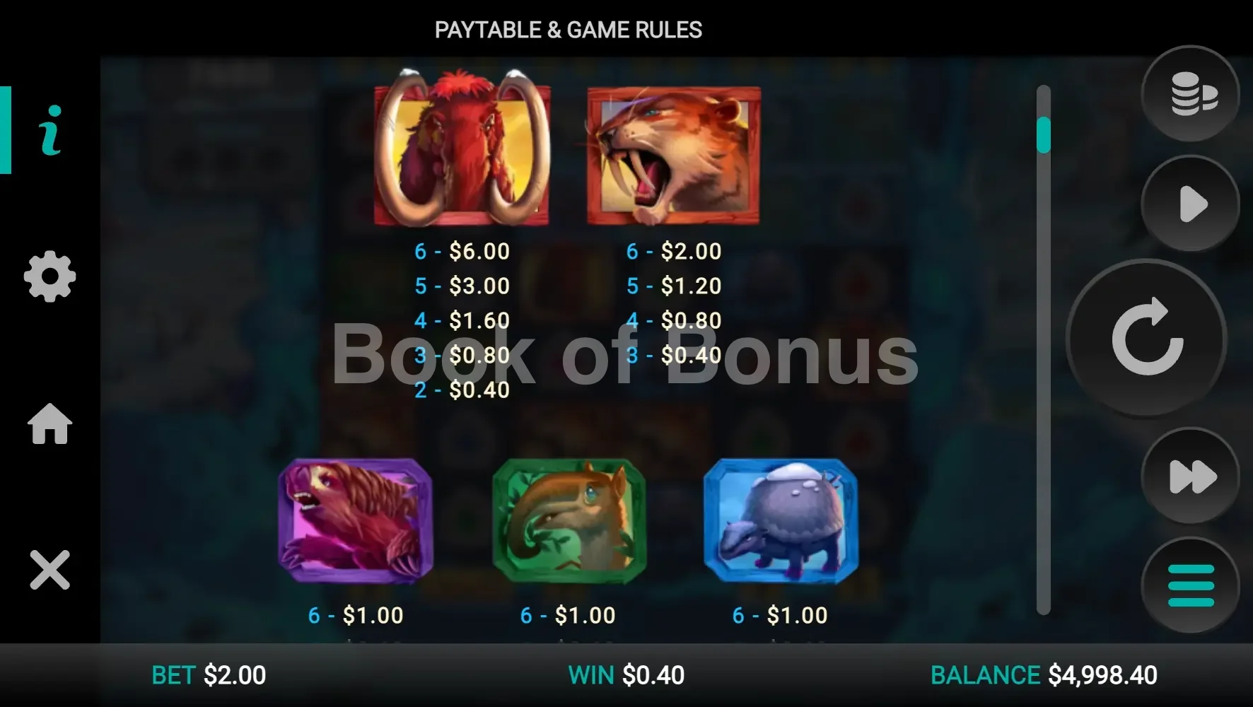 Primal Times par Relax Gaming - table des gains et valeurs des symboles
