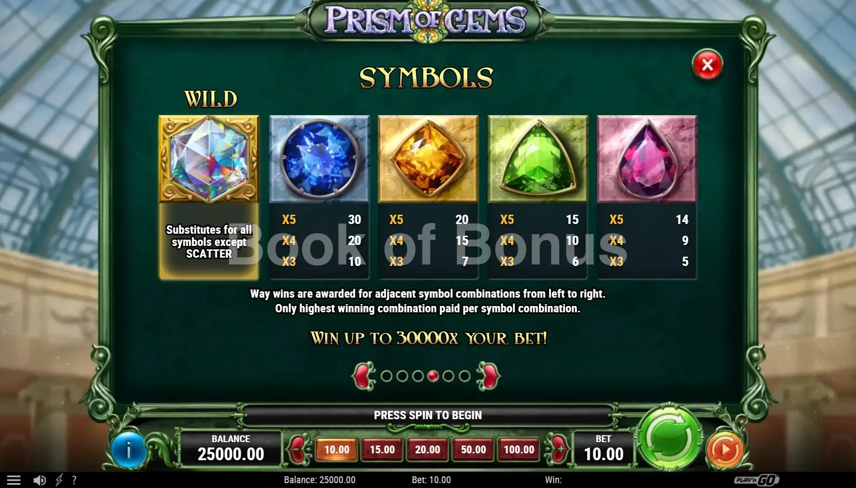 Prism of Gems par Play'n GO - table des gains et valeurs des symboles