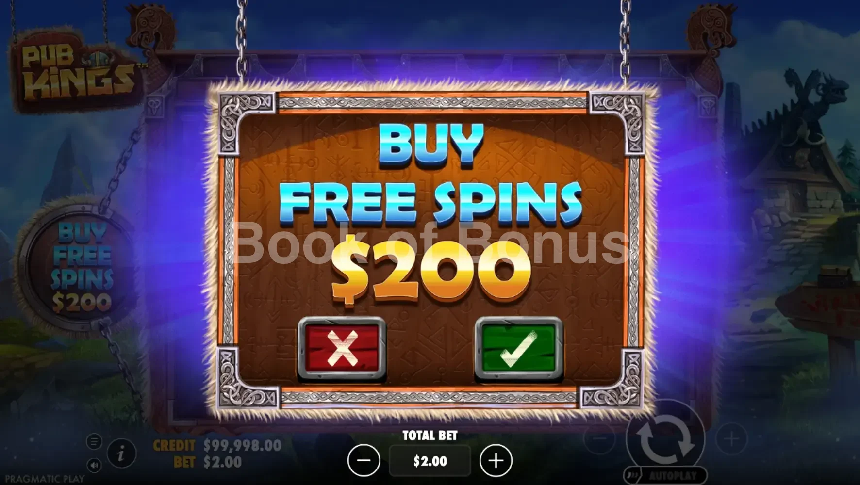 Pub Kings par Pragmatic Play - menu d'achat de bonus et options