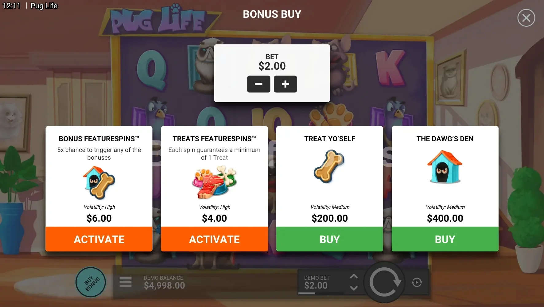 Pug Life par Hacksaw Gaming - menu d'achat de bonus et options
