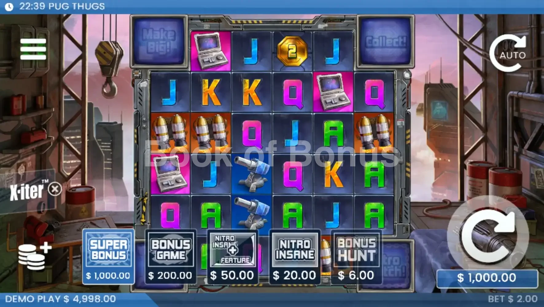 Pug Thugs of Nitropolis par ELK Studios - menu d'achat de bonus et options