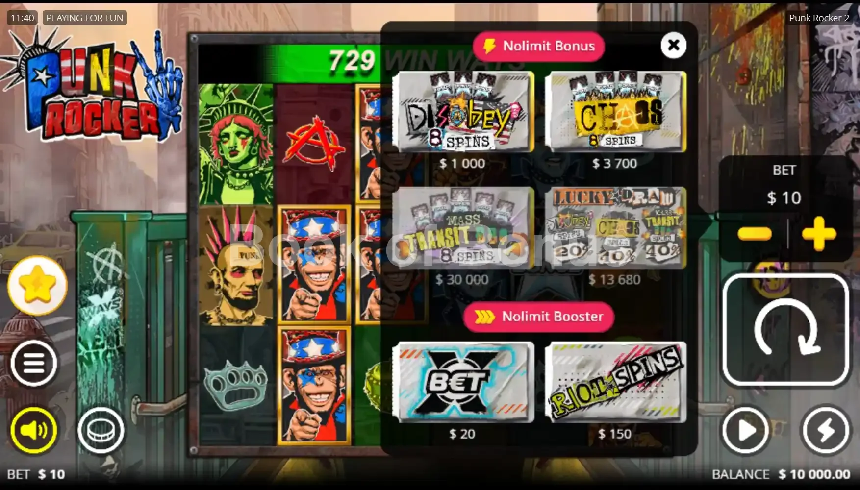 Punk Rocker 2 par Nolimit City - menu d'achat de bonus et options
