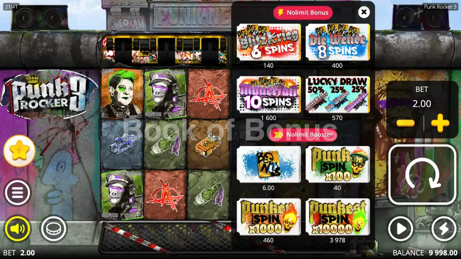 Punk Rocker 3 par Nolimit City - menu d'achat de bonus et options