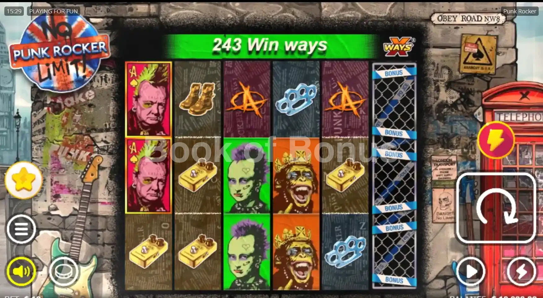 Punk Rocker par Nolimit City - jeu de base et disposition des rouleaux