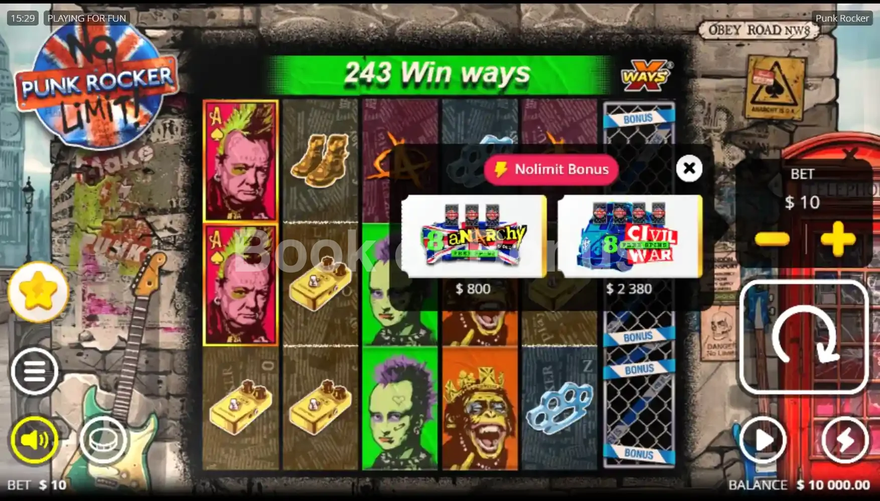 Punk Rocker par Nolimit City - menu d'achat de bonus et options