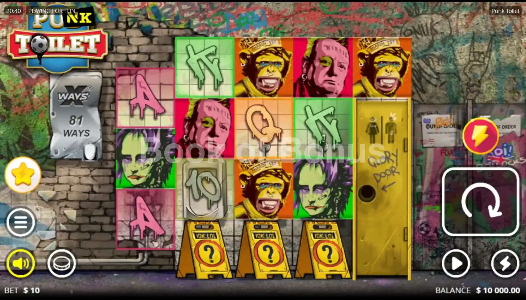 Punk Toilet par Nolimit City - jeu de base et disposition des rouleaux